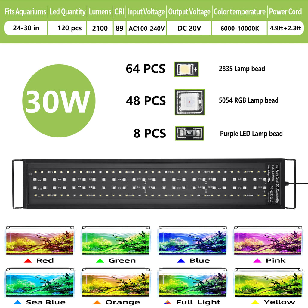 Full Spectrum Aquarium LED Light with Remote (30–60cm, IP68, Color & Brightness Control, Plant Grow)