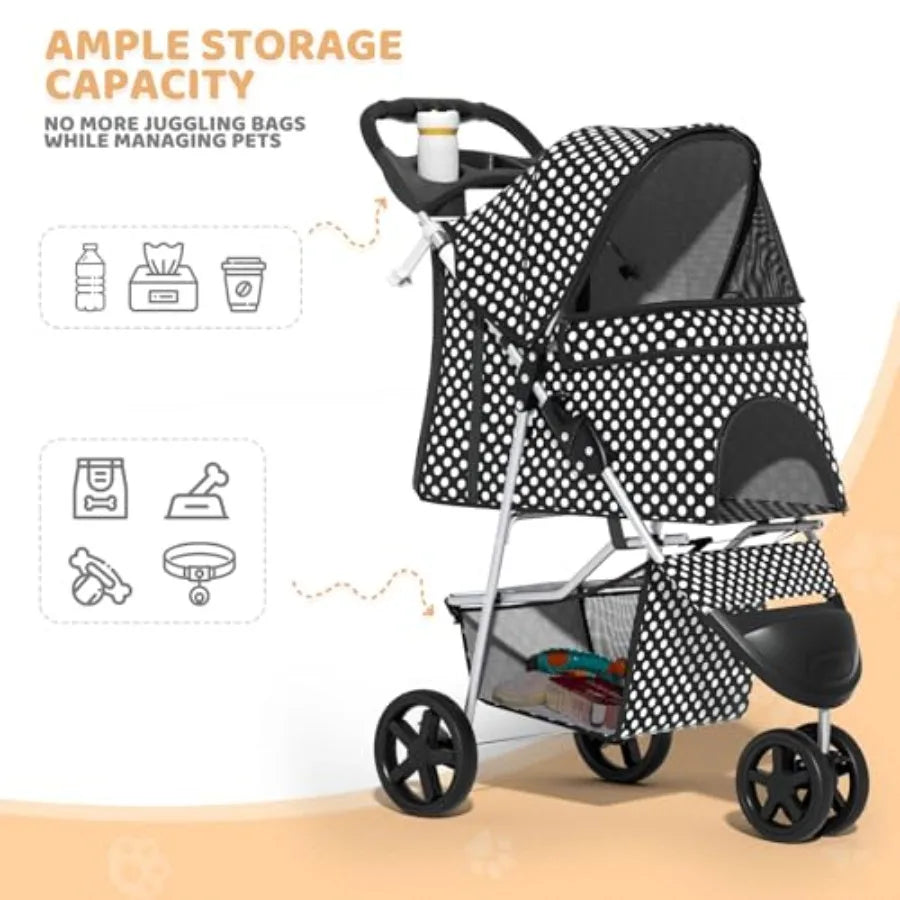 3-Wheel Pet Stroller, Foldable Travel Jogger for Small Medium Dogs Cats Up to 33lbs,Lightweight Carrier with Breathable Mesh Co