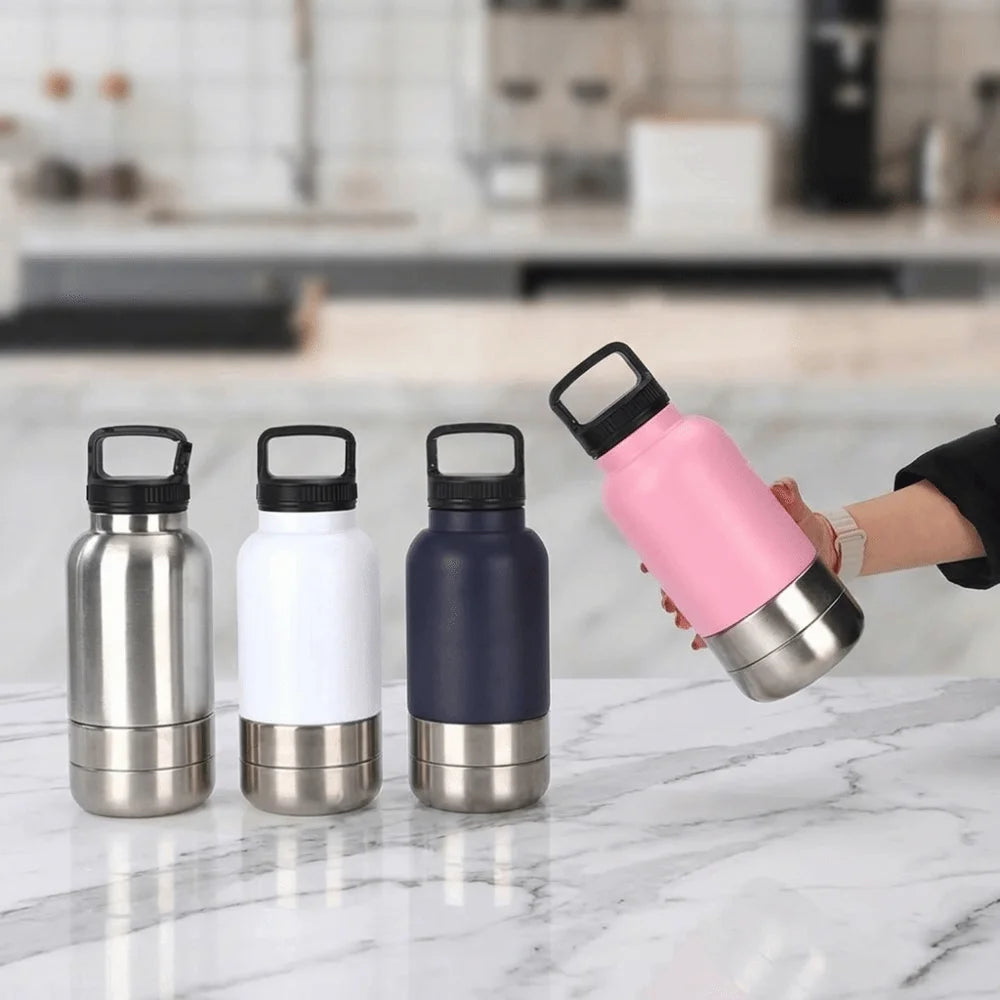 3 in 1 Stainless Steel Pet Water Bottle 32Oz Detachable Dog Drinking Bottle Large Capacity Multi-layered Pet Food Bottle Hiking