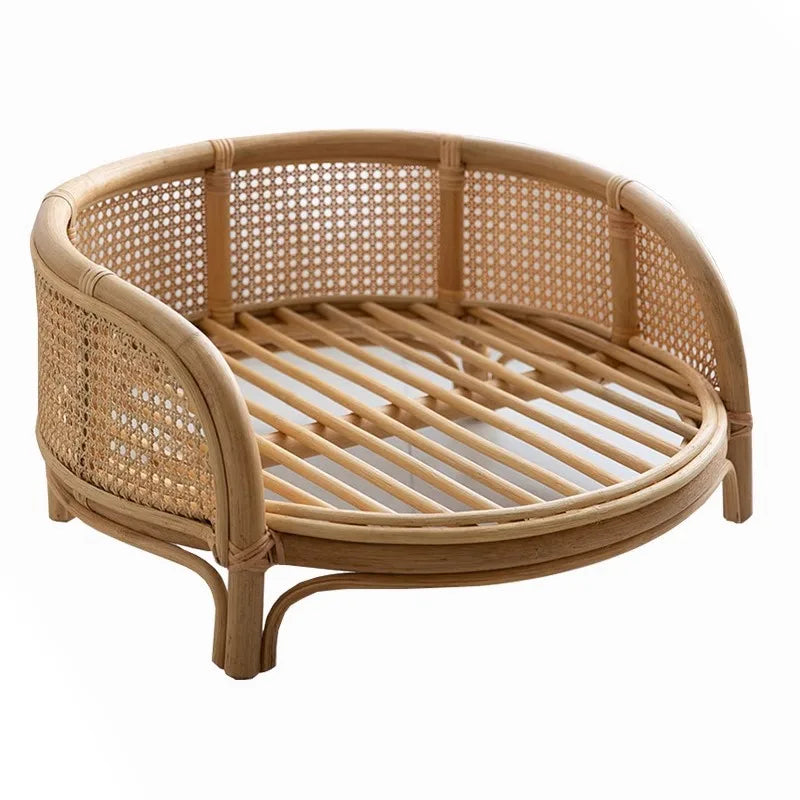 Bohemian Rattan Pet Bed with Cushion & Photo Prop (Round, Summer Cool)