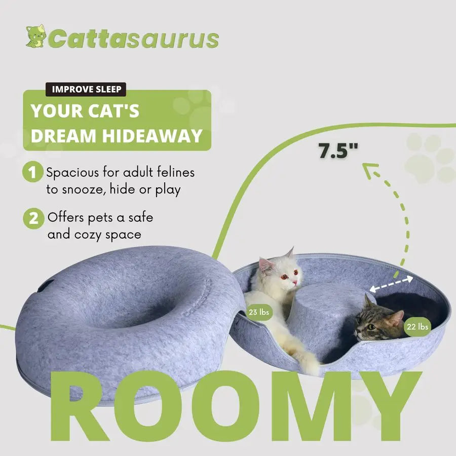 Peekaboo Cat Cave Donut Bed, 3-in-1 Self-Warming with Tunnel & Scratcher (Large Cats)