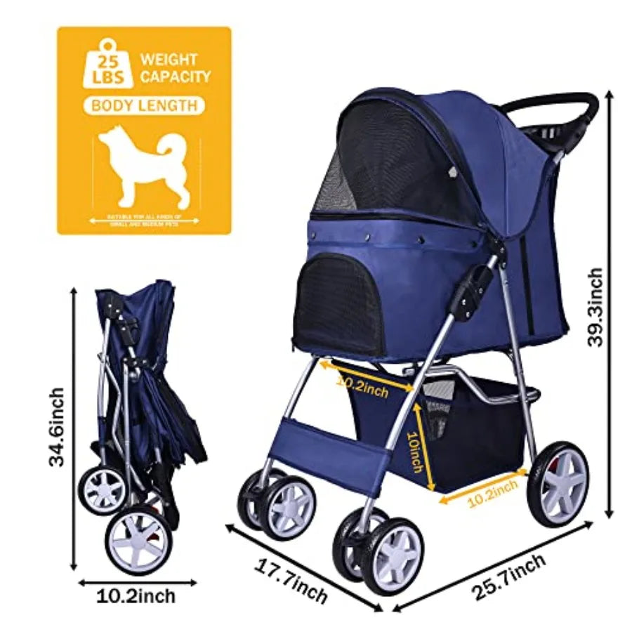 Pet Stroller 4 Wheels Multifunction Dog Cat Stroller Folding Portable Travel Stroller with Detachable Carrier Suitable for Medi