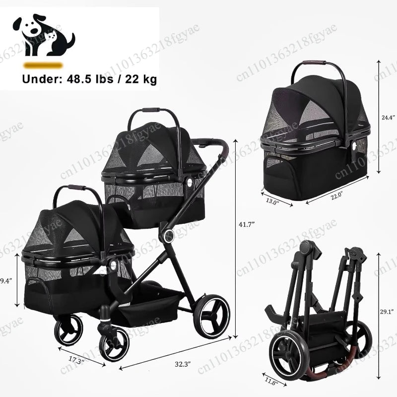 Lightweight Foldable Double Pet Stroller, Detachable Single/Double Carrier for Small & Medium Dogs Cats, Portable for Car Travel