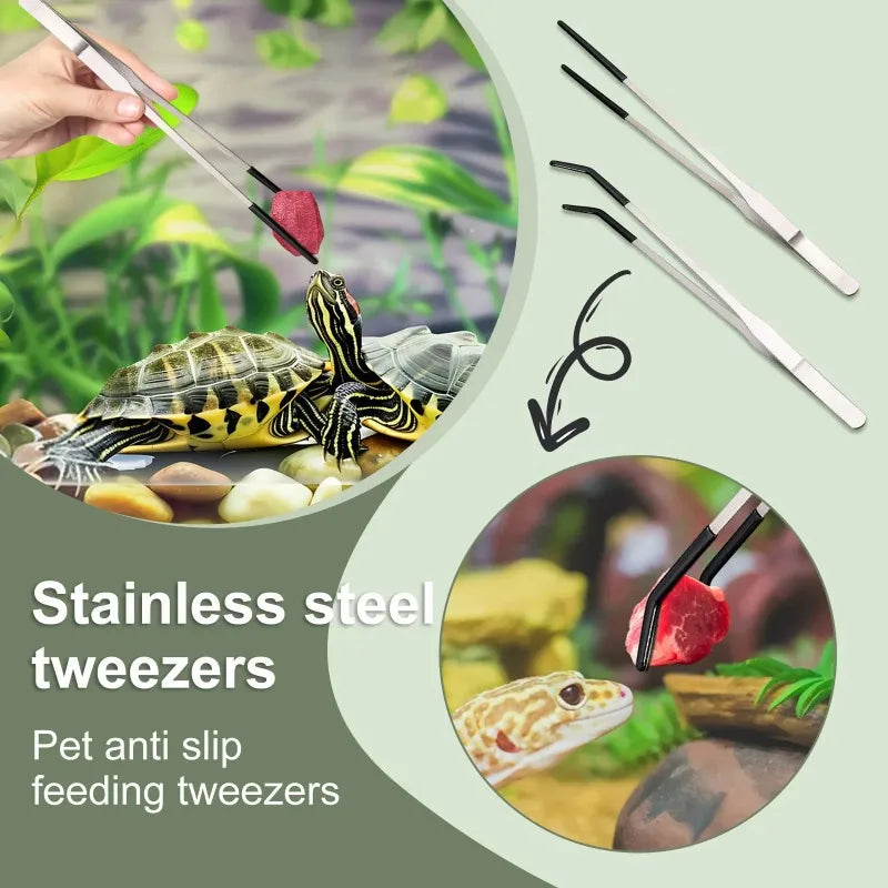 2Pcs Stainless Steel Tweezers Set Straight & Curved Bent Tip Feeding Tongs for Reptile Lizard Spider Craft Jewelry Repair