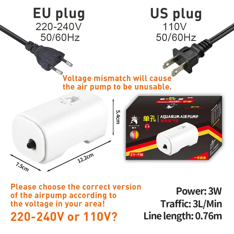 Ultra Silent 3W 220V-240V Aquarium Silent Air Pump Fish Tank Mini Air Compressor 110V Oxygen Pump Aquarium Fish Tank Oxygen Pump