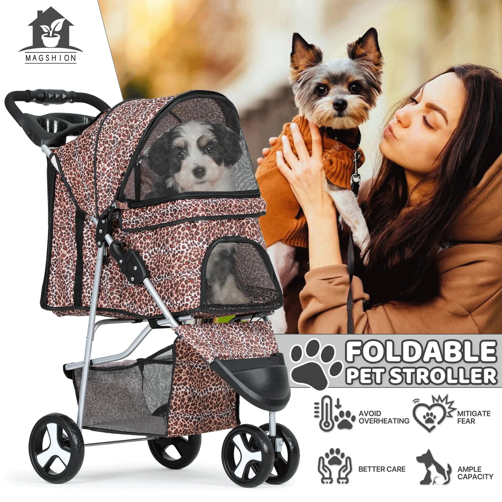 Magshion 3 Wheels Pet Dog Cat Stroller for Small Medium Dogs Cats, Foldable Jogger Stroller w/Storage Basket and Cup Holder