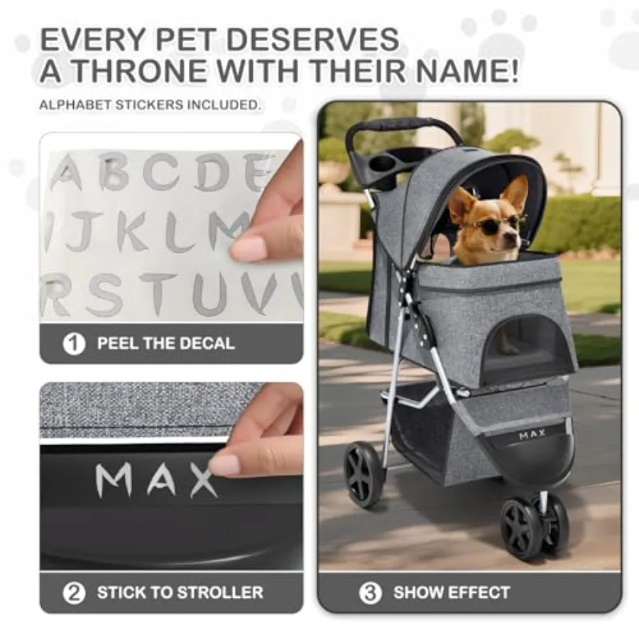 MoNiBloom 3 Wheels Pet Dog Cat Stroller for Small Medium Dogs and Cats, Lightweight Foldable Jogger Stroller w/Storage Basket a