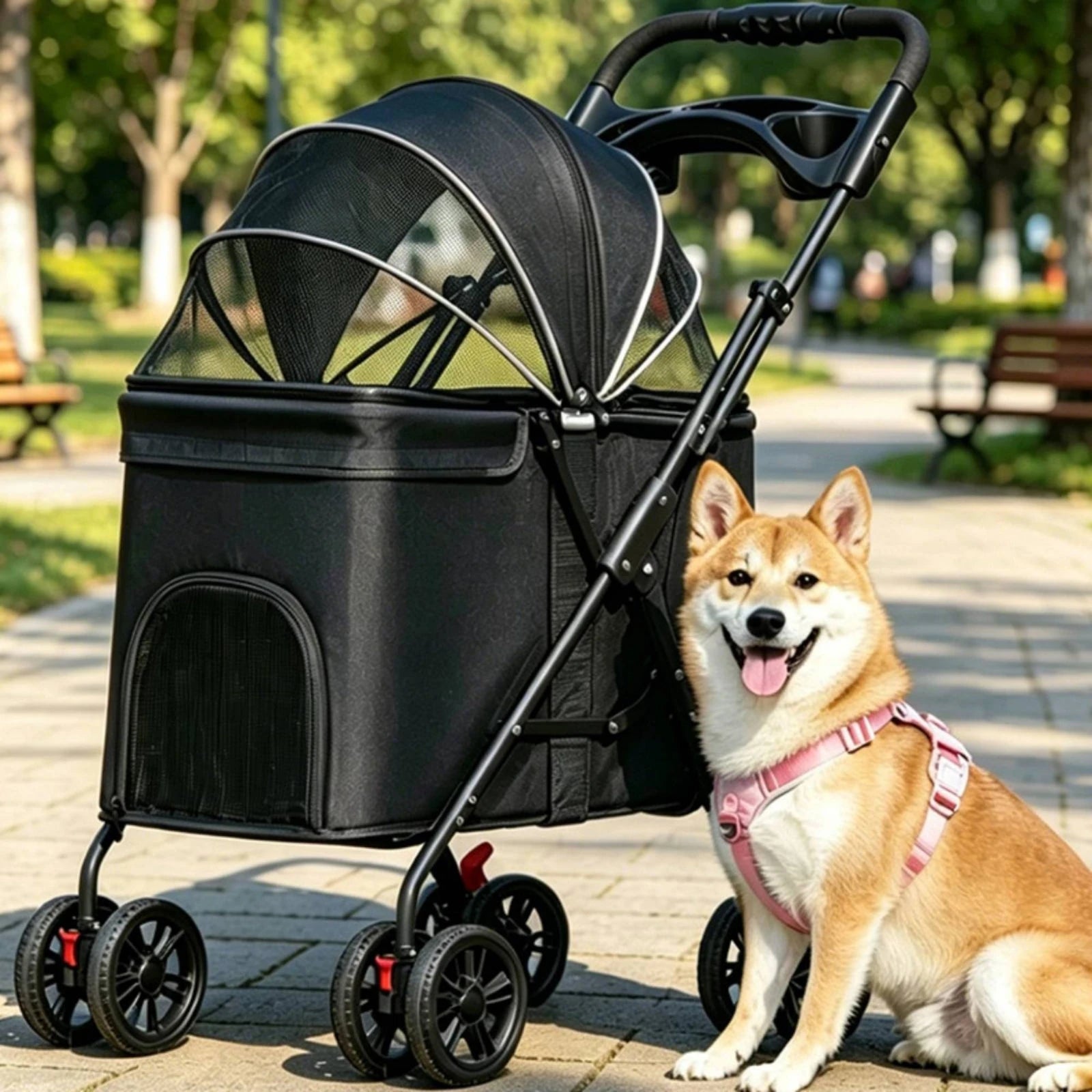 Foldable Pet Stroller Carrier Wheeled Mesh Pet Stroller