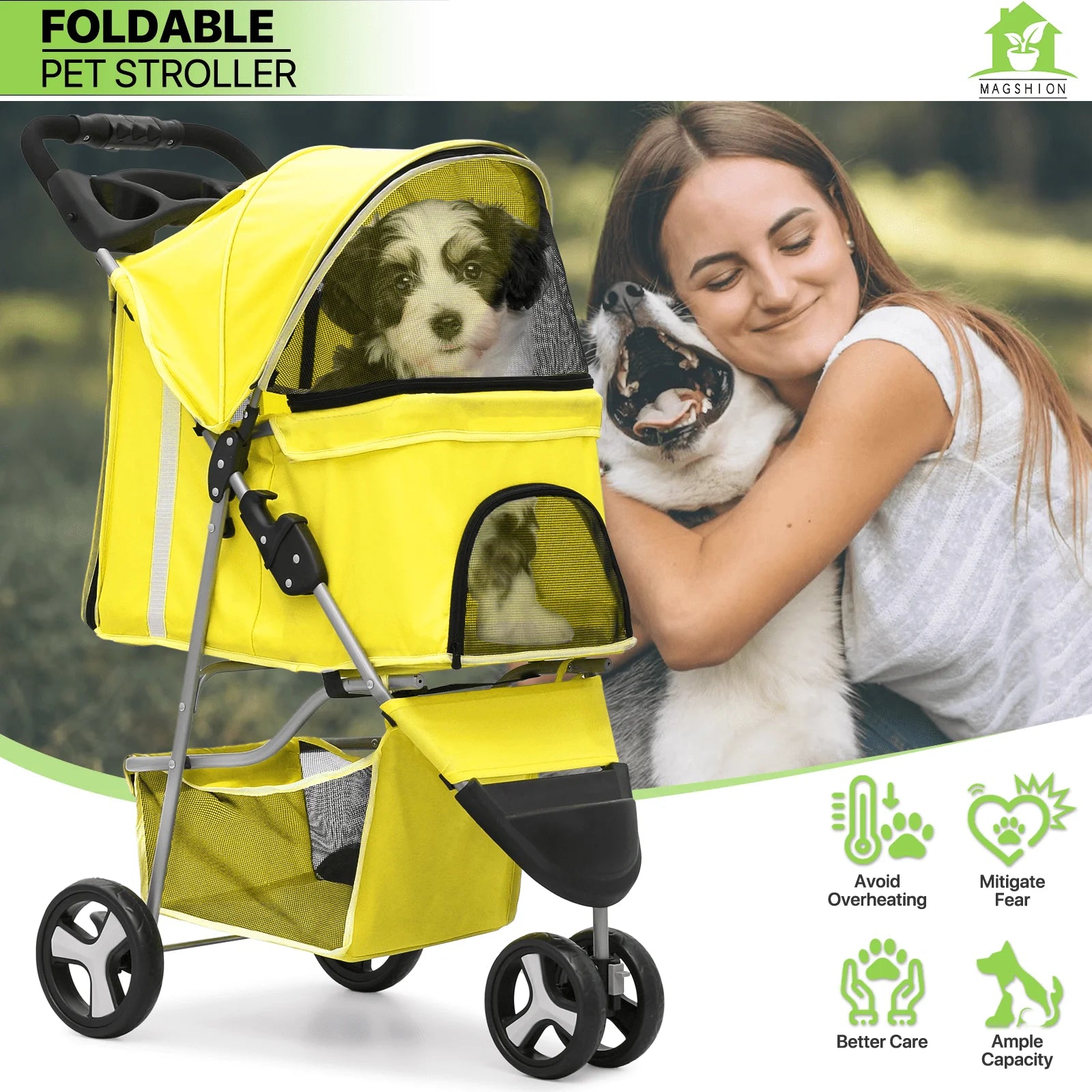 Magshion 3 Wheels Pet Dog Cat Stroller for Small Medium Dogs Cats, Foldable Jogger Stroller w/Storage Basket and Cup Holder