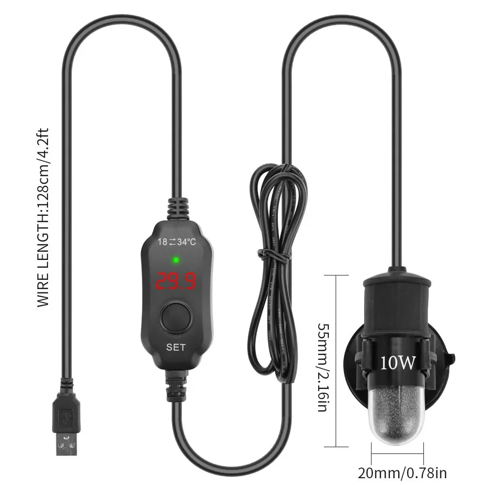 USB Mini Aquarium Heater Rod (Submersible, 18–34°C Adjustable, Thermostat, Fish Tank)