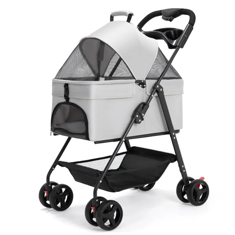 Dual-Side Zippered Doors Ultra-Breathable Mesh Panels One-hand Folding Detachable Pet Carrier Pet Stroller for Dogs and Cats