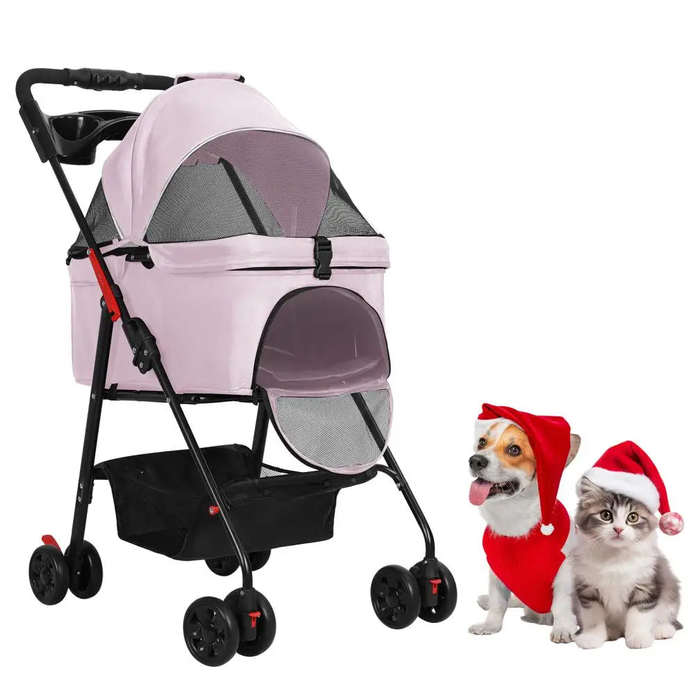 Foldable Pet Stroller, 4 Wheel Dog and Cat Stroller with Removable Carrier, Breathable Mesh Canopy, Storage Basket Cup Holder,