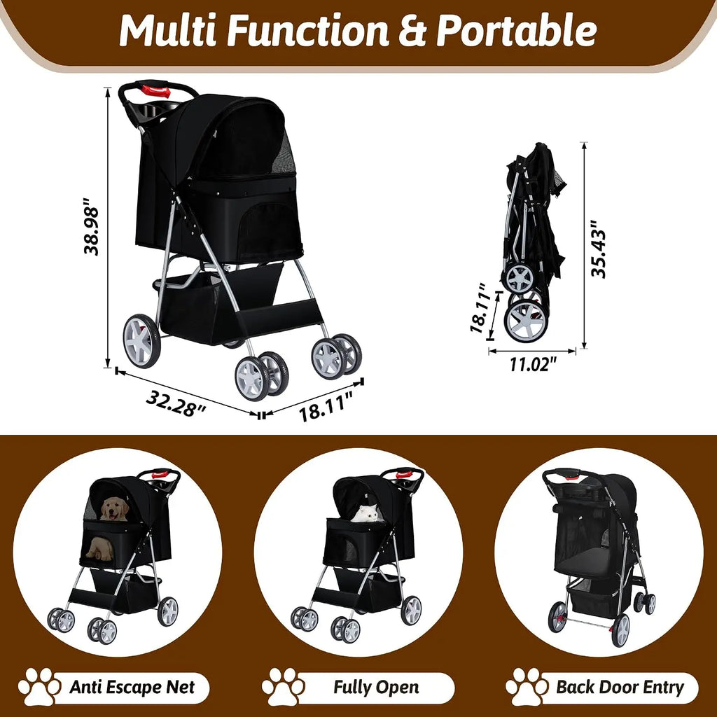 Foldable 4-Wheel Pet Stroller for Small Dogs & Cats, Breathable Mesh, Cup Holder & Storage Basket, Black