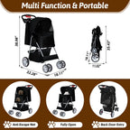 Foldable 4-Wheel Pet Stroller for Small Dogs & Cats, Breathable Mesh, Cup Holder & Storage Basket, Black