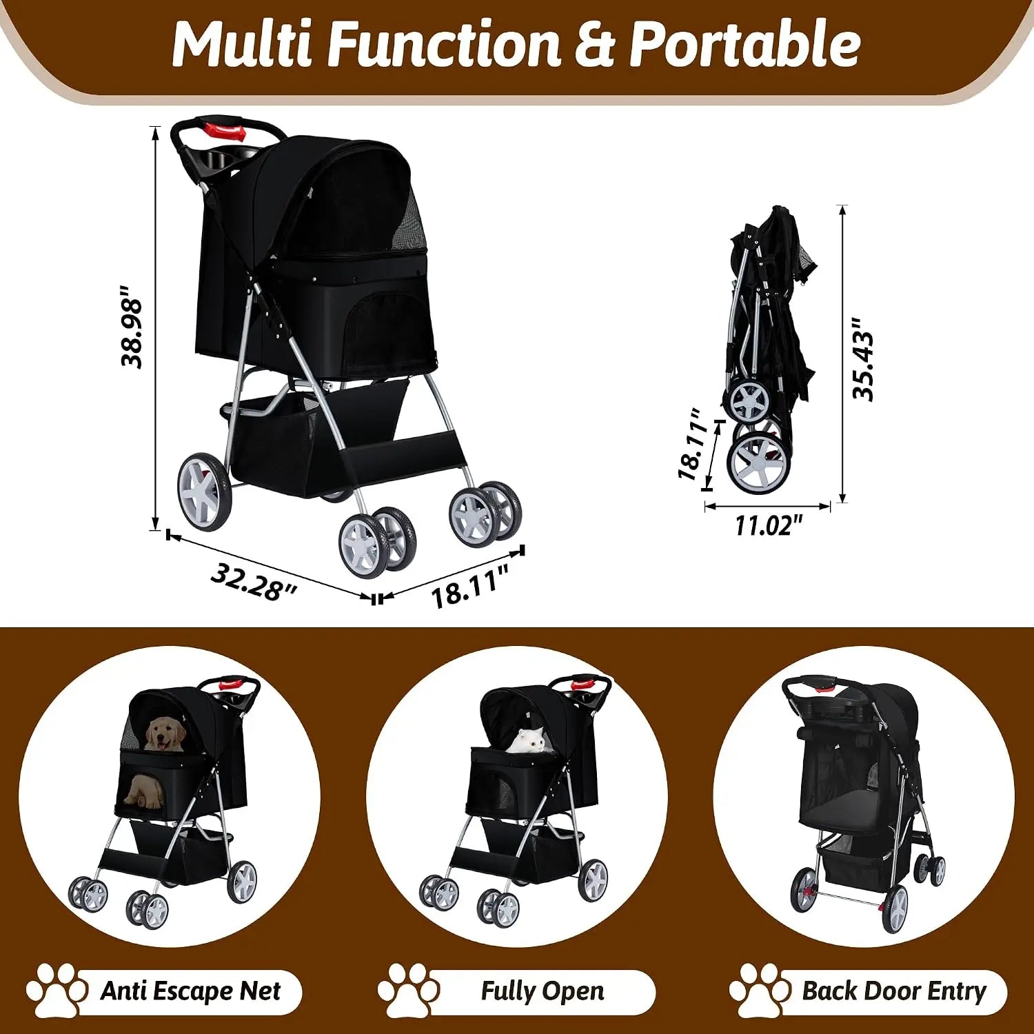 Foldable 4-Wheel Pet Stroller for Small Dogs & Cats, Breathable Mesh, Cup Holder & Storage Basket, Black