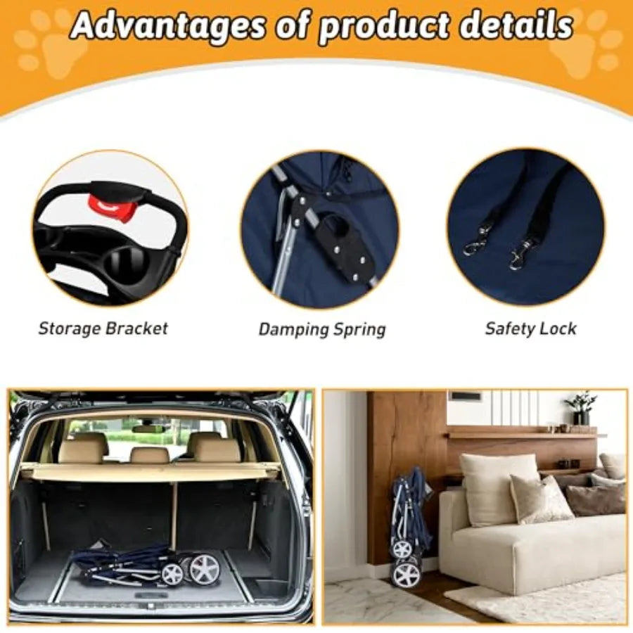 Pet Stroller, 4 Wheels Pet Strolling Cart for Medium/Small Dogs and Cats, Foldable Cat Jogger/Dog Stroller with Cup Holder, Sto