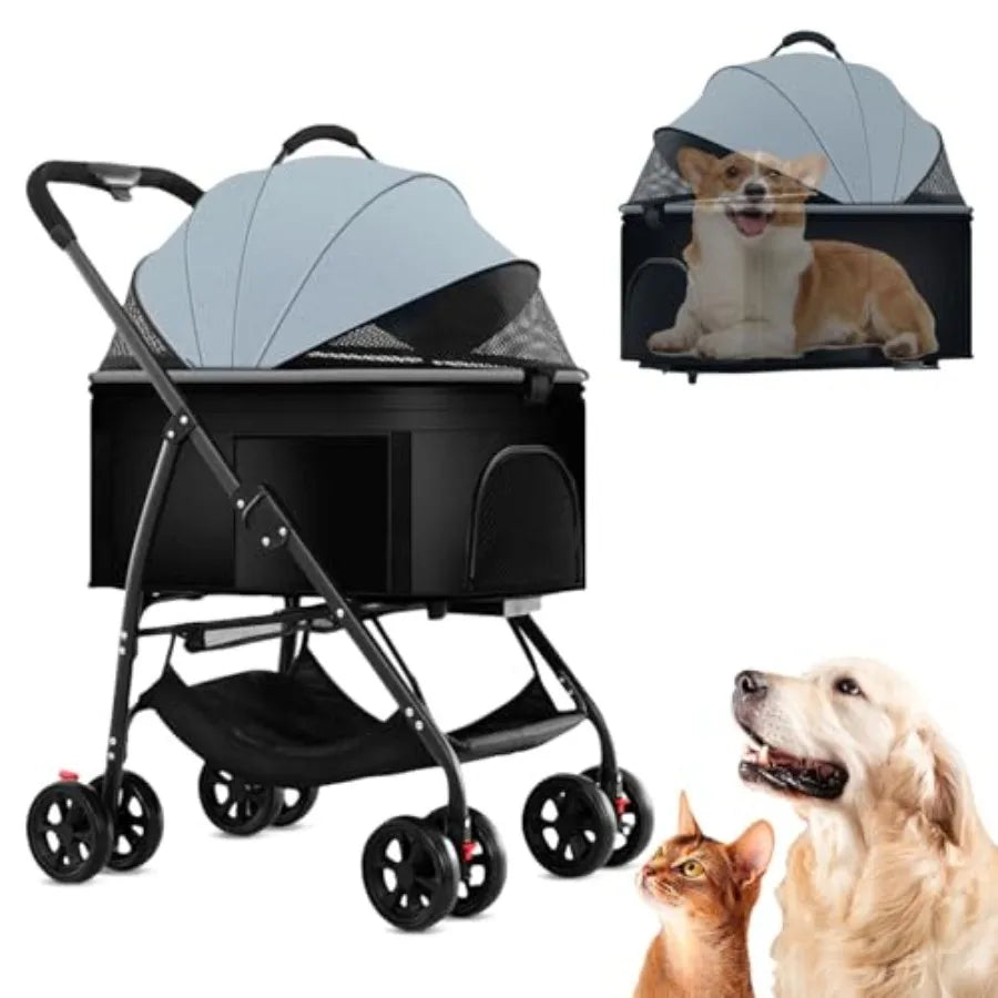 3 in 1 Dog Strollers 4 Wheels Folding Pet Stroller with Detachable Carrier Multifunction Portable Dogs Travel Carriers for Medi