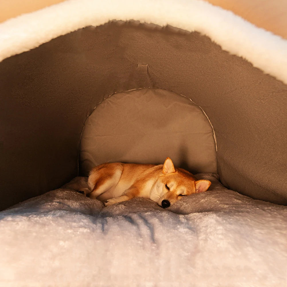 Detachable Warm Winter Pet House with Washable Plush Mat — Indoor Dog Kennel & Cat Bed Castle
