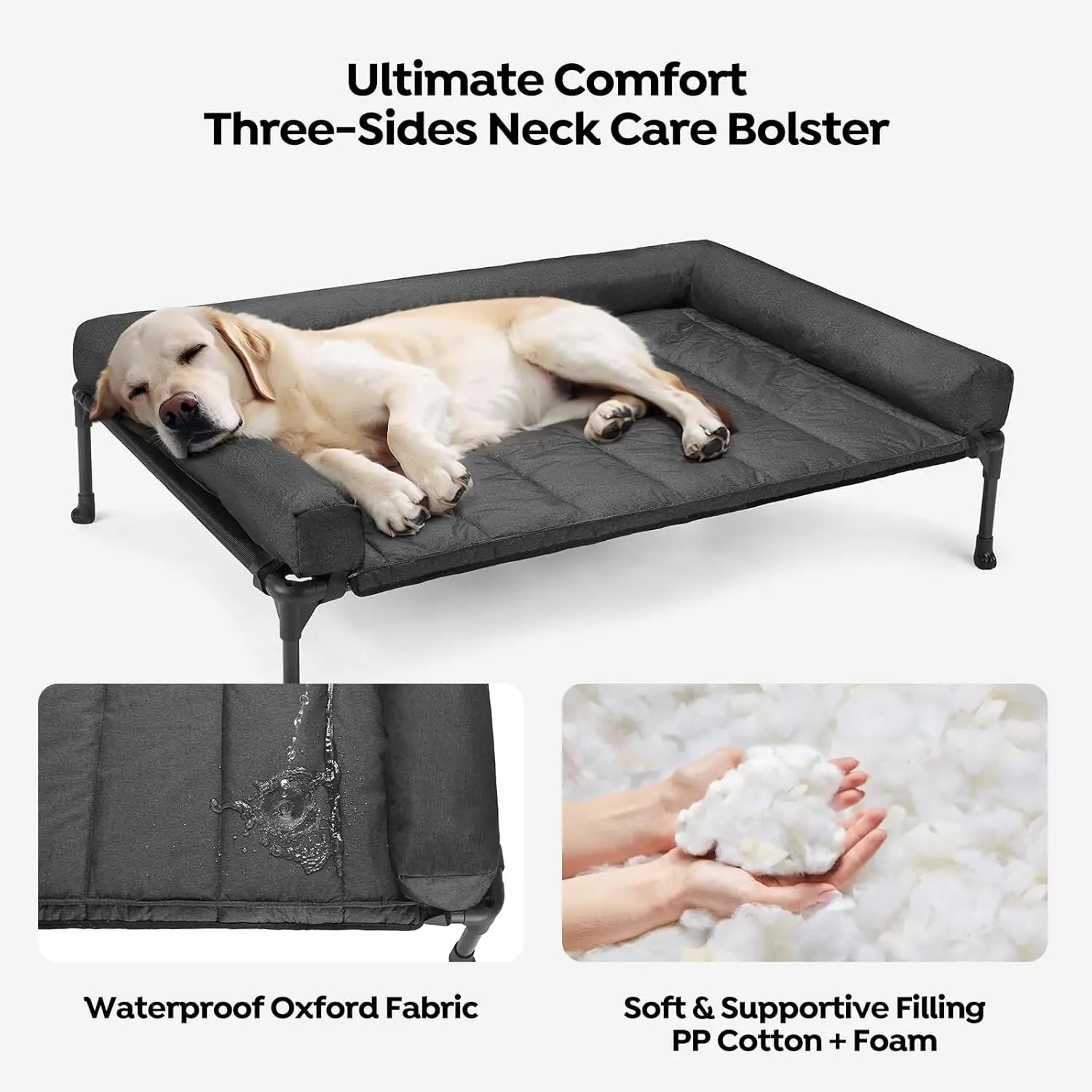 Cooling Elevated Dog Bed with Bolster Cushion (42x30in, Black)