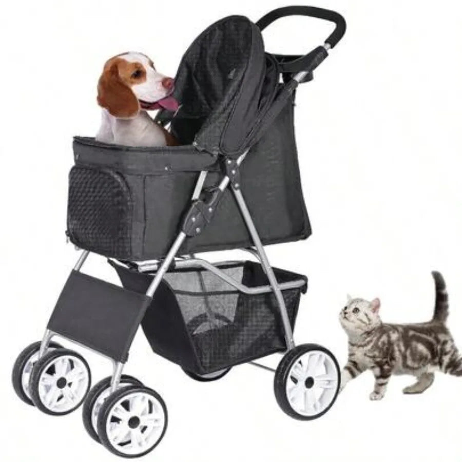 【New style】ZENY Foldable Pet Stroller Cat/Dog Stroller With 4 Wheel Pet Travel Carrier Strolling Cart With Storage Basket Cup H