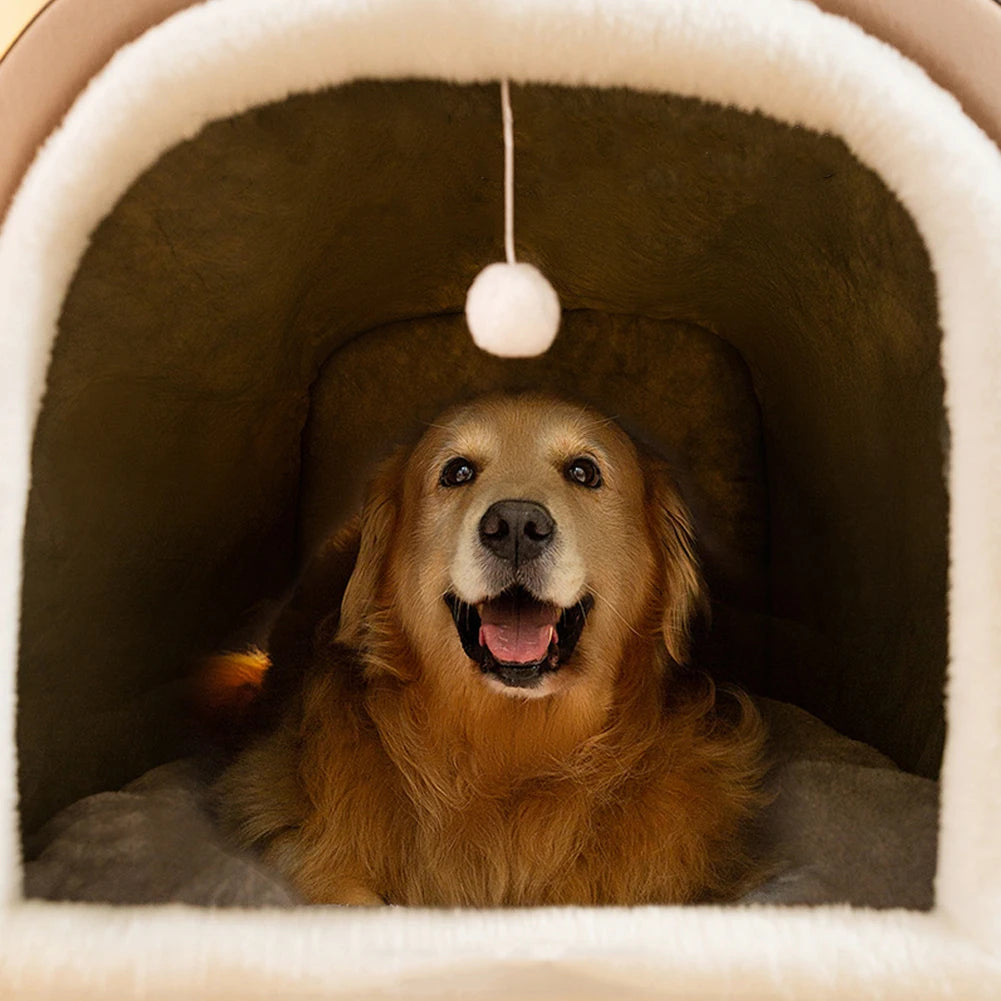 Detachable Warm Winter Pet House with Washable Plush Mat — Indoor Dog Kennel & Cat Bed Castle