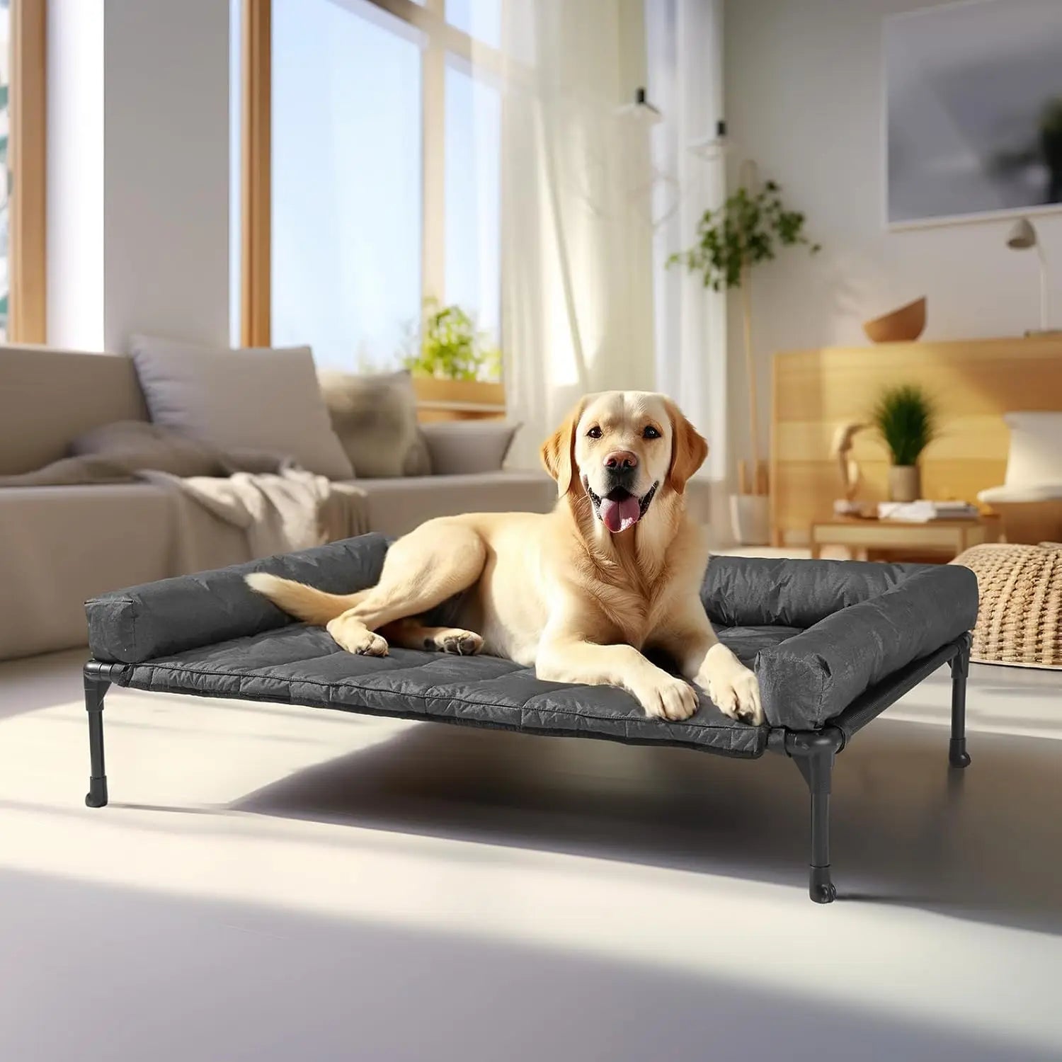 Cooling Elevated Dog Bed with Bolster Cushion (42x30in, Black)