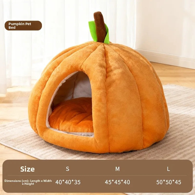 Pumpkin-Shaped Enclosed Winter Pet Bed (Cartoon Design)