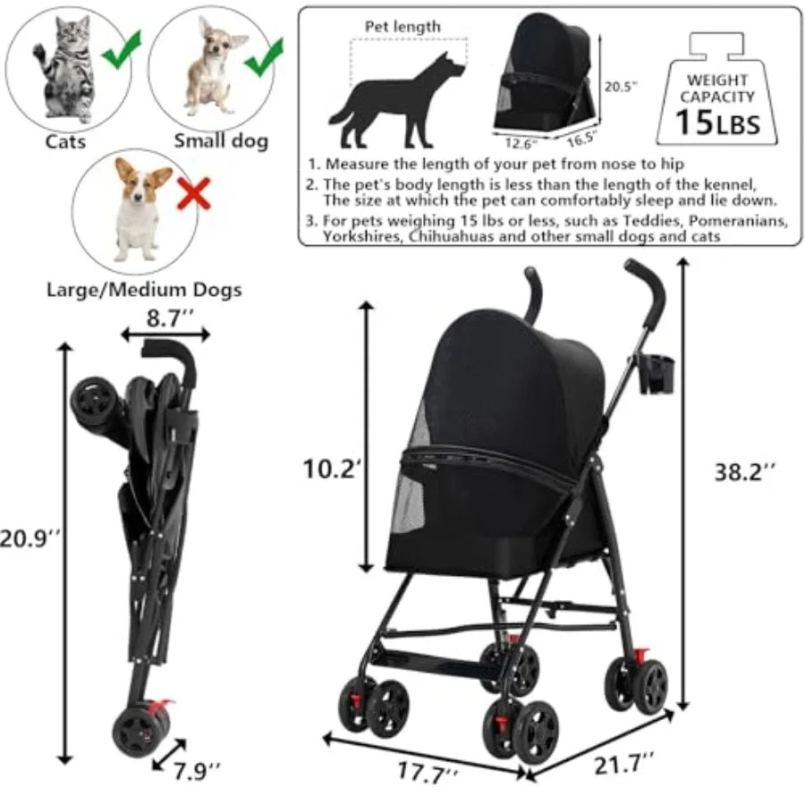 Pet Stroller with Mesh Ventilation, Lightweight Foldable Design, Cup Holder, Black