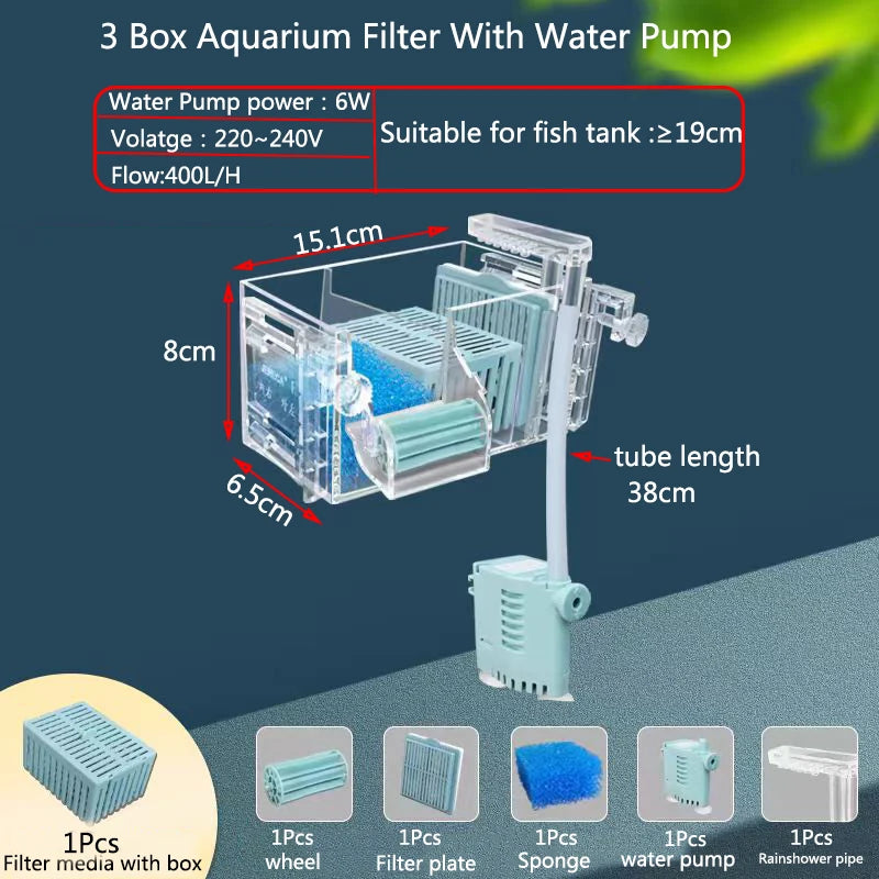 Wall-Mounted Waterfall Aquarium Filter Box (Silent, Built-In, Fish Tank Back Filter)