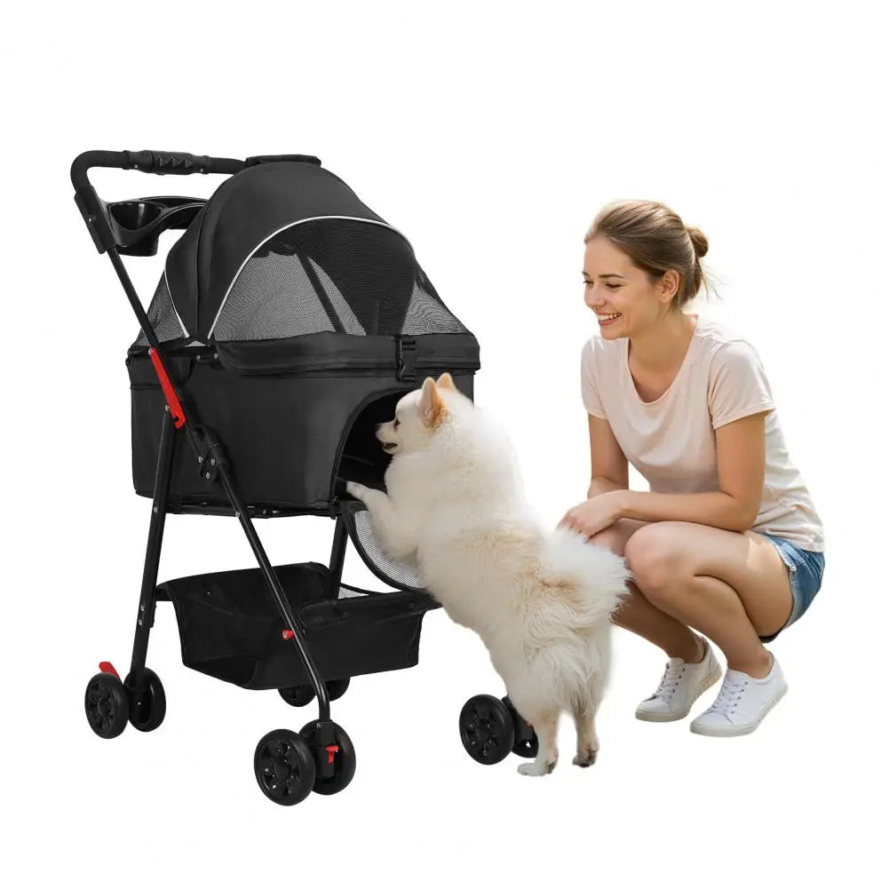 Foldable Pet Stroller, 4 Wheel Dog and Cat Stroller with Removable Carrier, Breathable Mesh Canopy, Storage Basket Cup Holder,
