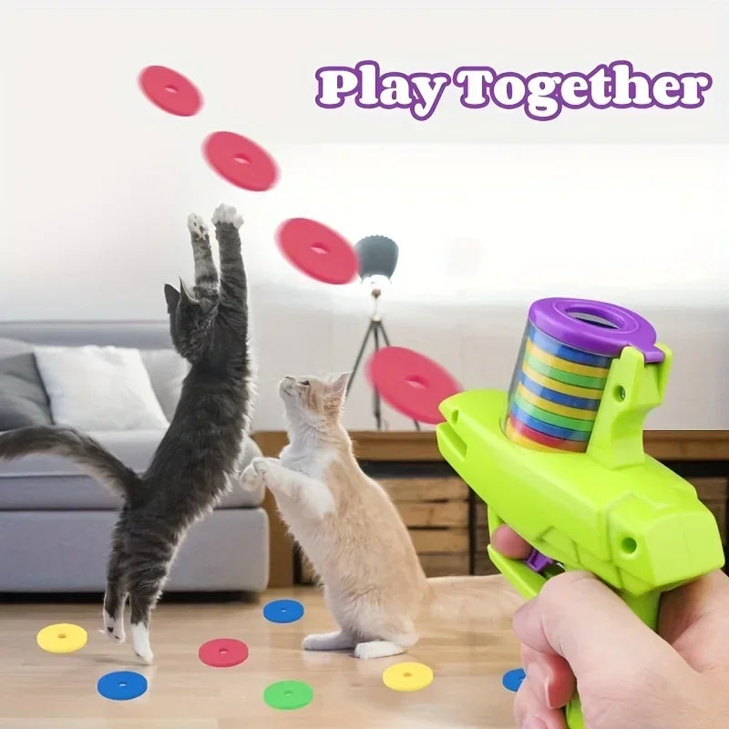 Pet Toy Gun Launcher with Flying Disc Set — Interactive Indoor & Outdoor Chase Toy for Cats & Dogs