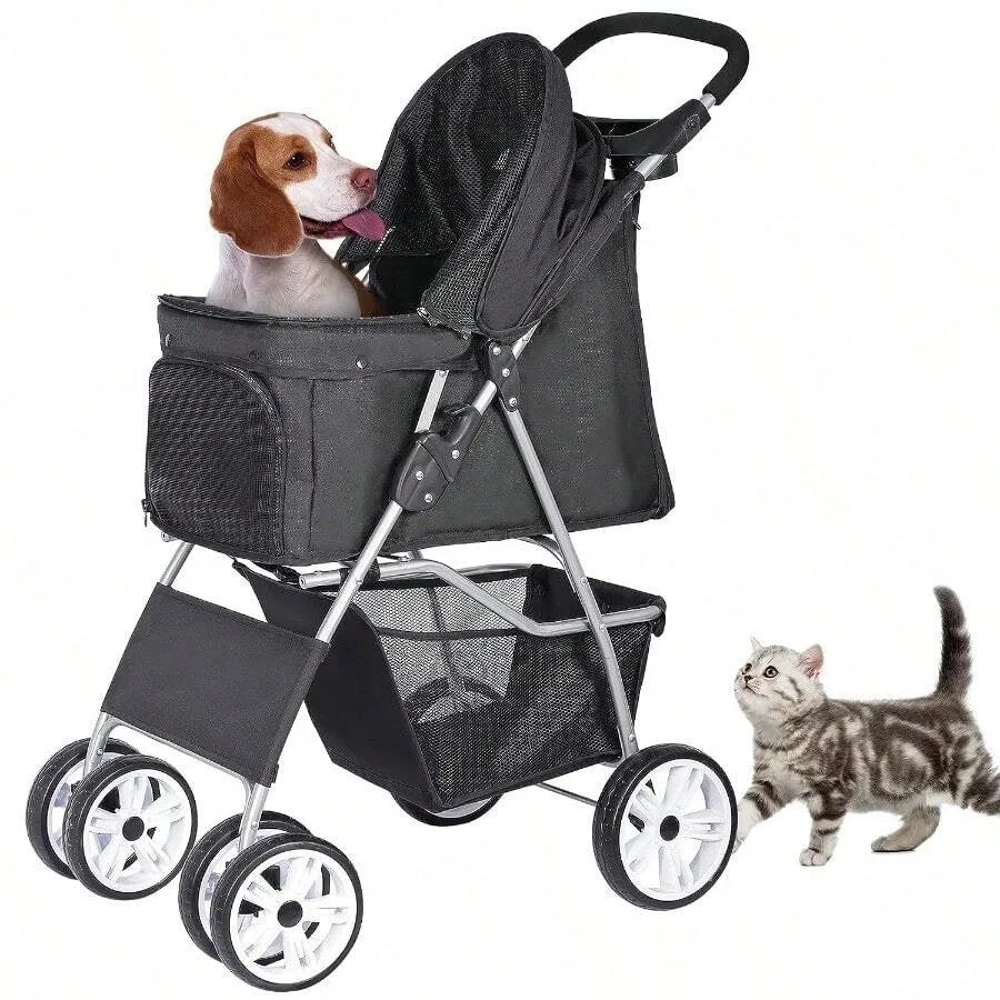 【New style】ZENY Foldable Pet Stroller Cat/Dog Stroller With 4 Wheel Pet Travel Carrier Strolling Cart With Storage Basket Cup H