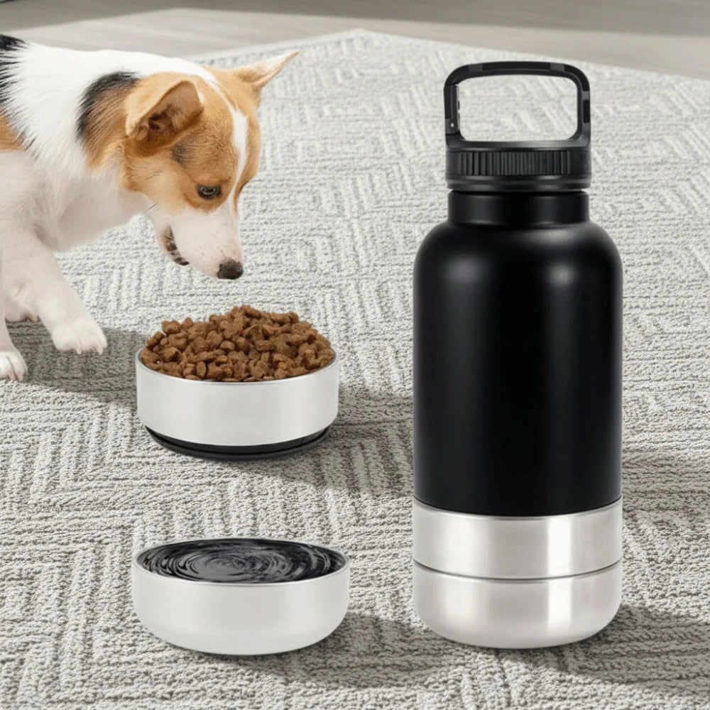 3 in 1 Stainless Steel Pet Water Bottle 32Oz Detachable Dog Drinking Bottle Large Capacity Multi-layered Pet Food Bottle Hiking