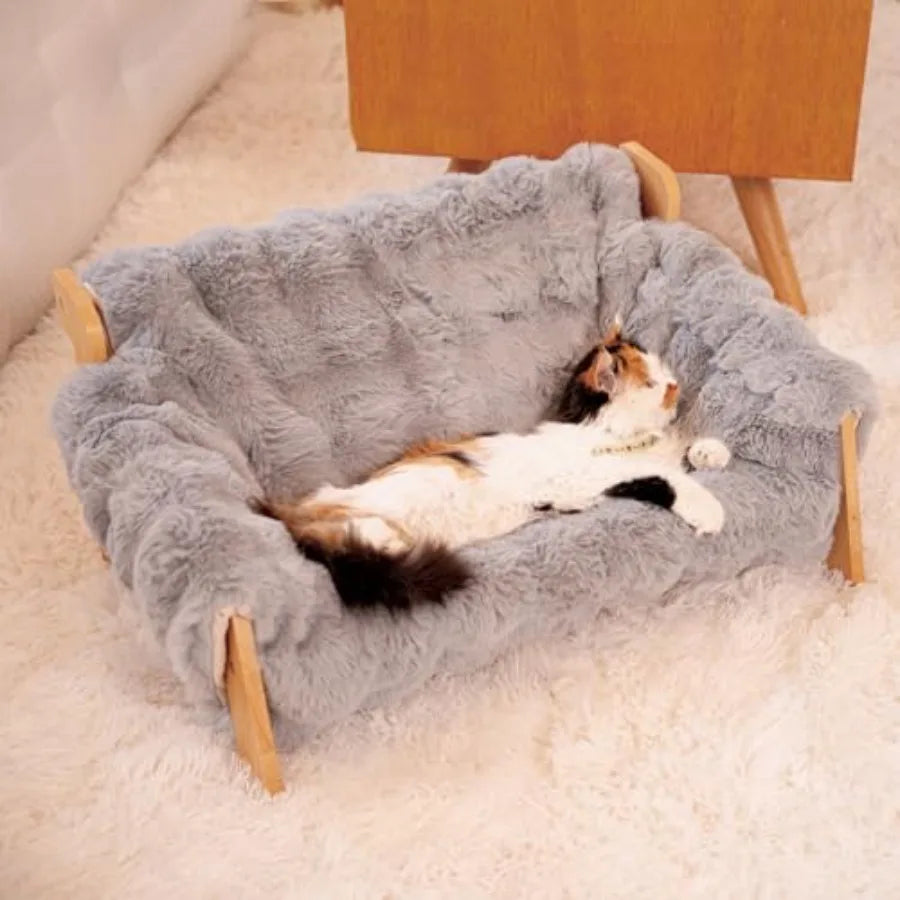 Elevated Wooden Cat Couch Bed with Removable Fluffy Cover