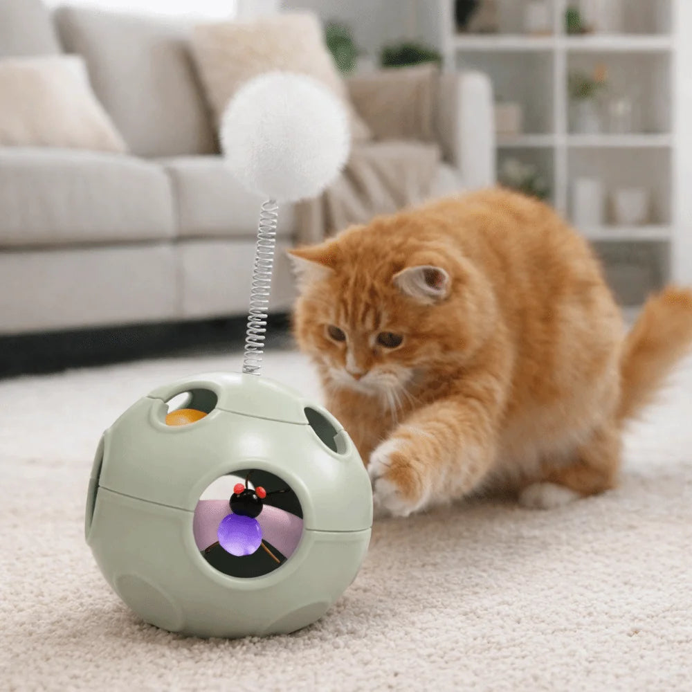 Auto-Rotating Spring Cat Teaser Ball with Feather & Bell — Tumbler Exercise Football Cat Toy