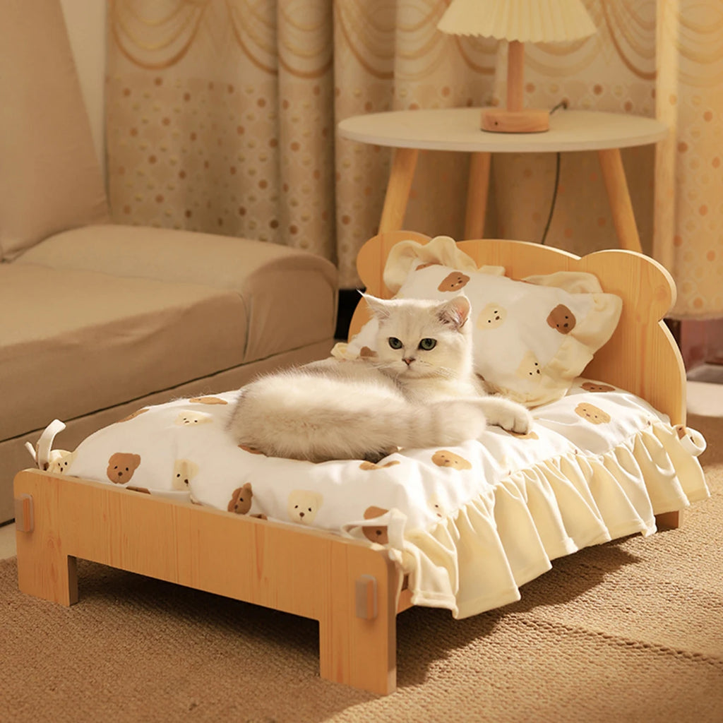 Wooden Pet Bed with Teddy Bear Pattern (20x11in)