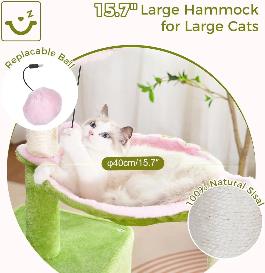 34in Cat Tree with Hammock & Wide Condo for Large Cats (Pink/Green)
