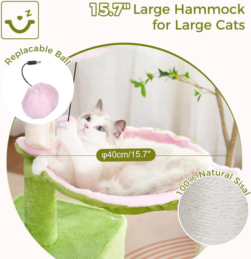 34in Cat Tree with Hammock & Wide Condo for Large Cats (Pink/Green)