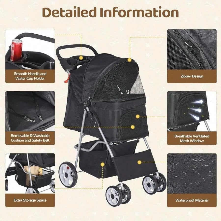 【New style】ZENY Foldable Pet Stroller Cat/Dog Stroller With 4 Wheel Pet Travel Carrier Strolling Cart With Storage Basket Cup H