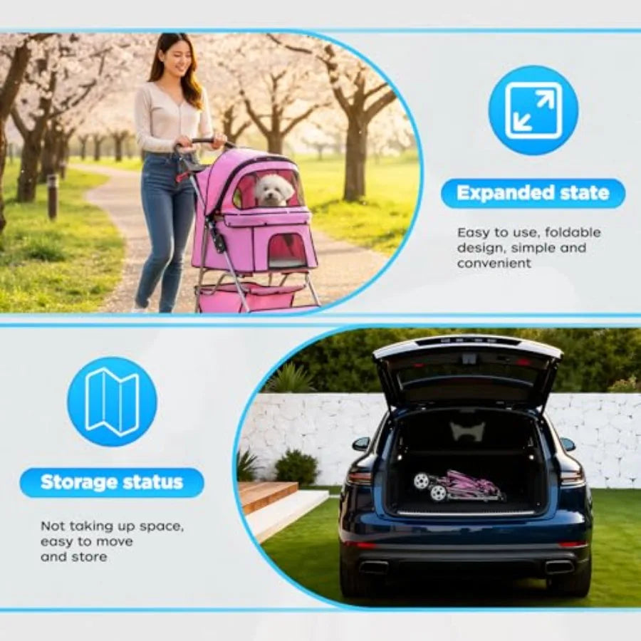 BestOffice Pet Stroller for Small Medium Dogs Cats, 4-Wheel Foldable Dog Stroller with Cup Holder, Lightweight Travel Carrier,