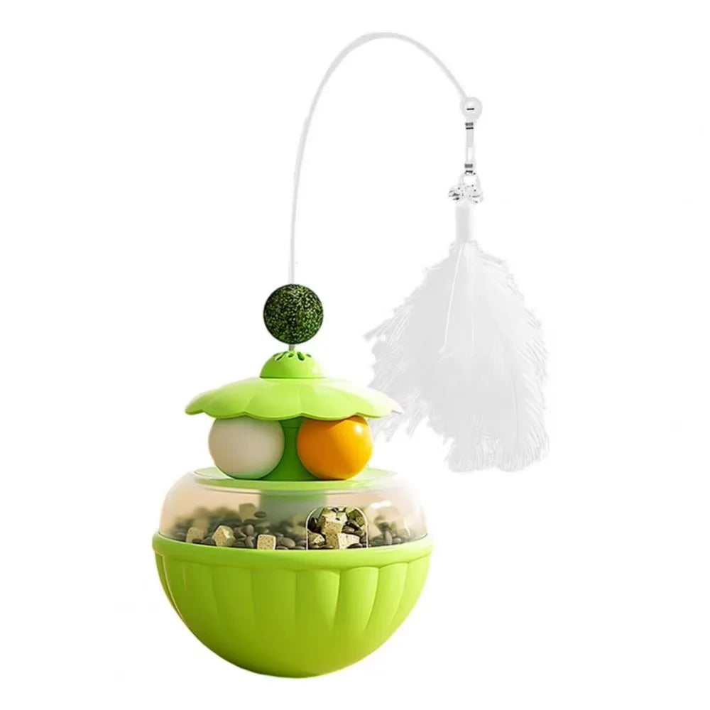Long Rotating Feather Pole Cat Teaser with Bells & Catnip Treat Dispenser — Indoor Cat Exercise Toy
