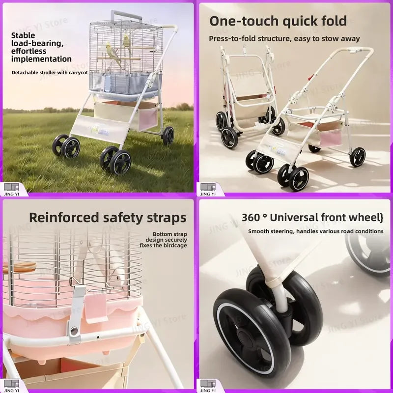 Foldable Lightweight Pet Stroller for Parrots Dogs Cats Outdoor Travel Carrier with Storage Space Portable Pet Transport Cart