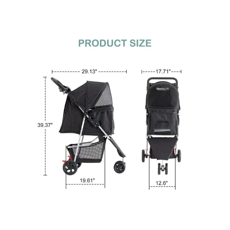 3 Wheels Pet Stroller, Cats And Dog Strollers With Storage Basket And Cup Holder, Breathable Mesh, Lightweight Travel Carrier