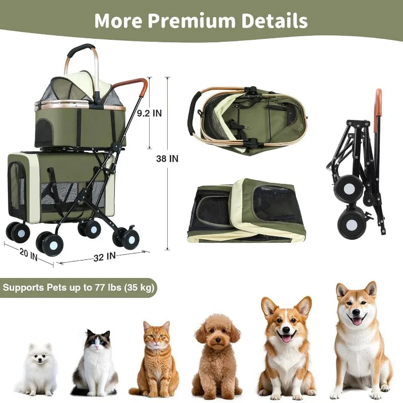 Double Pet Stroller for Dogs/Cats Dog Stroller Foldable Travel Carriage with Detachable Carriers Safety Belts 4 Lockable Wheels