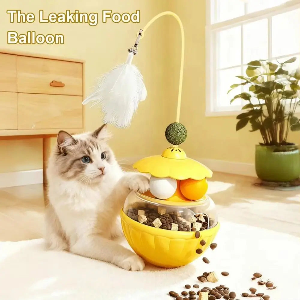 Long Rotating Feather Pole Cat Teaser with Bells & Catnip Treat Dispenser — Indoor Cat Exercise Toy