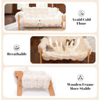 Elevated Wooden Cat Couch Bed with Removable Fluffy Cover