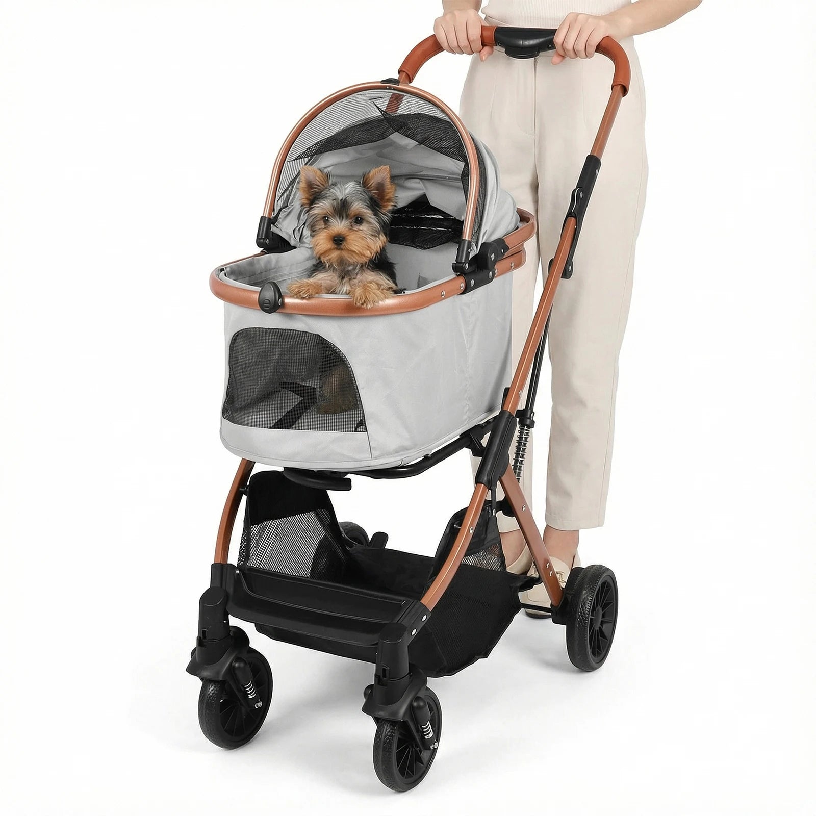 Folding Stroller All Terrain 4 Wheels Puppy Cage Jogger Stroller with Detachable Carrier with Sun Shades for Large & Medium Dogs
