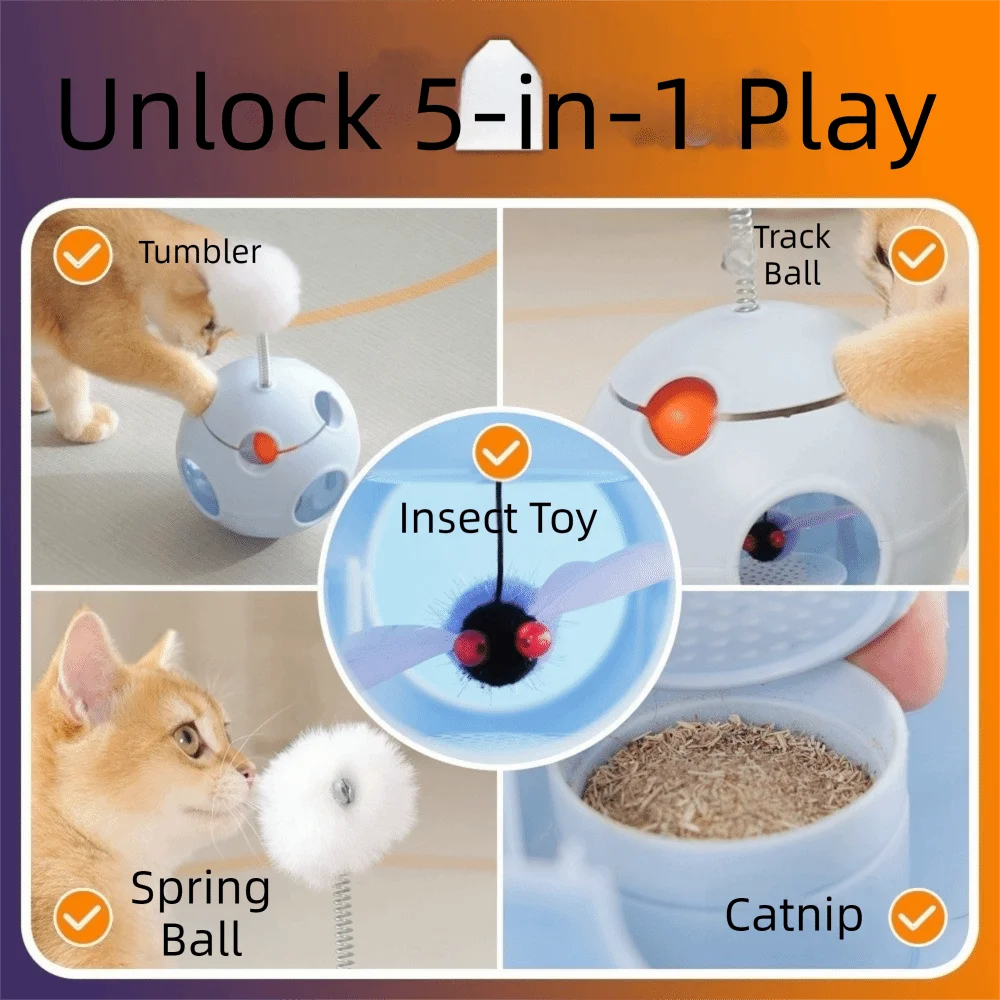 Auto-Rotating Spring Cat Teaser Ball with Feather & Bell — Tumbler Exercise Football Cat Toy
