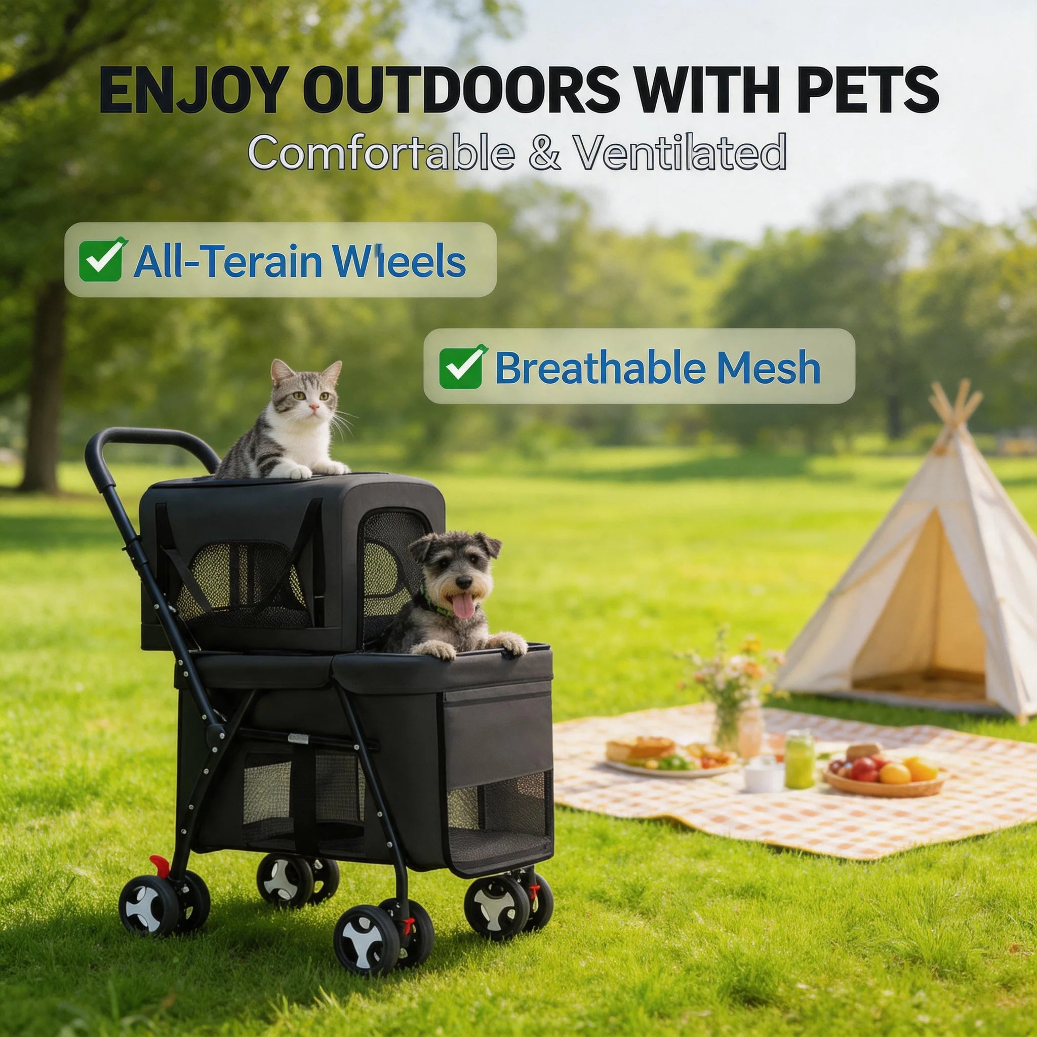 Lightweight Quick-Folding Double Pet Stroller for Dogs Cats Detachable Carriers Dog Stroller Travel Strolling Cart for Outdoor