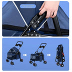 【New style】Blue Outdoor Travel Pet Folding Stroller, Dog Cat Cage Stroller With Cup Holder, Breathable And Visible Mesh For Sma
